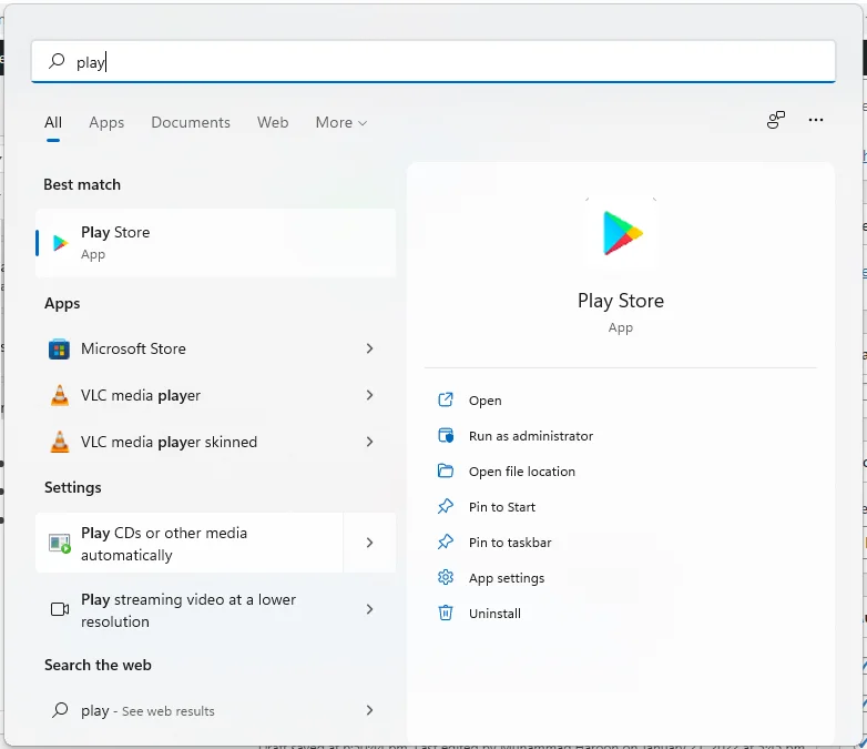 Google Play store in Windows 11