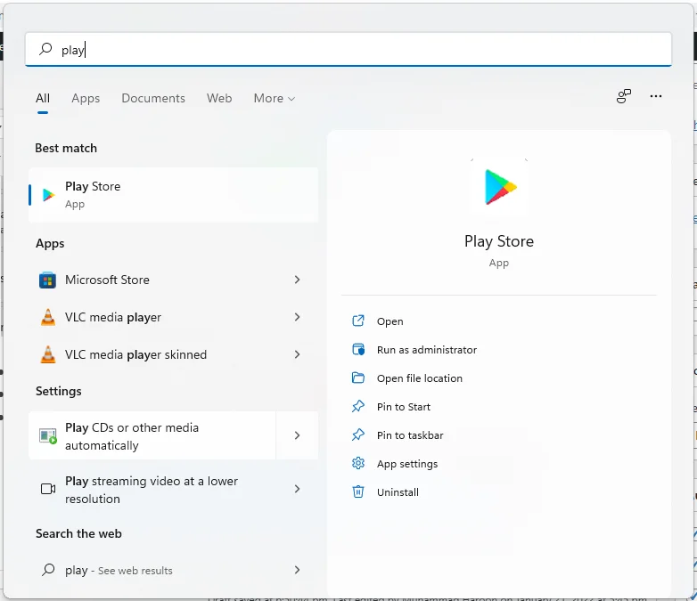 متجر Google Play في Windows 11